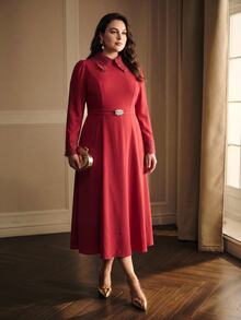 MOTF PREMIUM PLUS SIZE WOMEN'S ELEGANT LACE PATCHWORK AUTUMN/WINTER DRESS FALL - Red - View 3