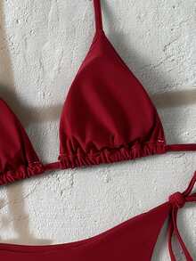 SHEIN Swim Solid Color Triangle Cup Halter Bikini Set With Tie Low Waist Swim Bottoms, Slimming Backless Two-Piece Swimwear For Beach, Vacation, Hot Spring, Photography And Swimming, Women - Red Violet - View 10