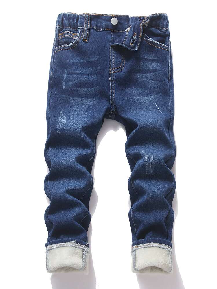 SHEIN Young Boy Fashion Casual Deep Blue Wool-Bottom Stretch Tight Jeans For Autumn And Winter Kids - Blue - View 7