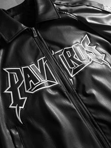 Pavtros Men's Long Sleeve Zipper Letter PU Jacket Vacation Sports Black And White Fall Goth Streetwear Rave - Black - View 3