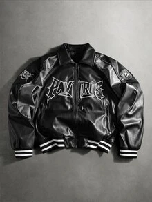 Pavtros Men's Long Sleeve Zipper Letter PU Jacket Vacation Sports Black And White Fall Goth Streetwear Rave - Black - View 1