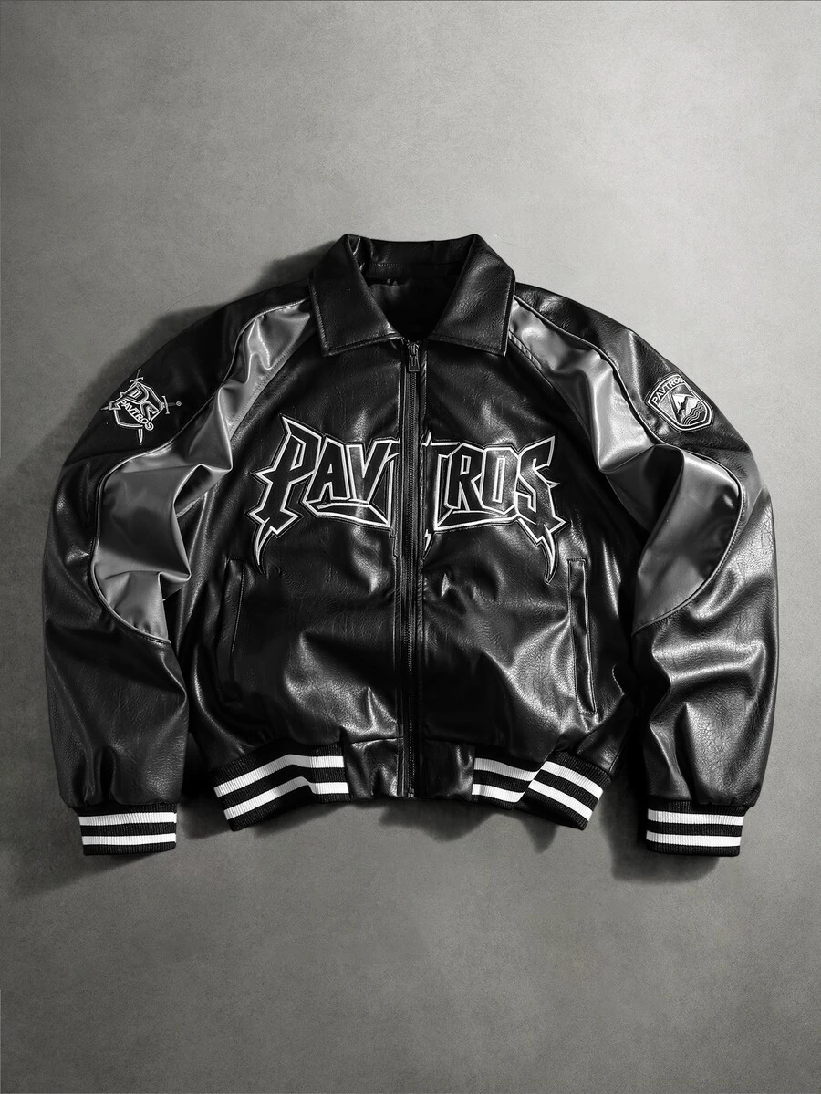 Pavtros Men's Long Sleeve Zipper Letter PU Jacket Vacation Sports Black And White Fall Goth Streetwear Rave - Black - View 1