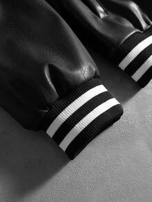 Pavtros Men's Long Sleeve Zipper Letter PU Jacket Vacation Sports Black And White Fall Goth Streetwear Rave - Black - View 6