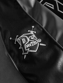 Pavtros Men's Long Sleeve Zipper Letter PU Jacket Vacation Sports Black And White Fall Goth Streetwear Rave - Black - View 4