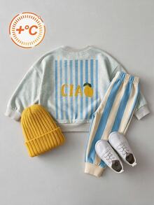 4-7歲男孩復古街頭風卡通檸檬與字母印花長袖圓領寬鬆套頭衛衣搭配條紋長褲休閒套裝，適合秋冬穿著 - 彩色 - 查看 5