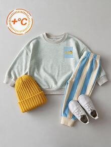 4-7歲男孩復古街頭風卡通檸檬與字母印花長袖圓領寬鬆套頭衛衣搭配條紋長褲休閒套裝，適合秋冬穿著 - 彩色 - 查看 2
