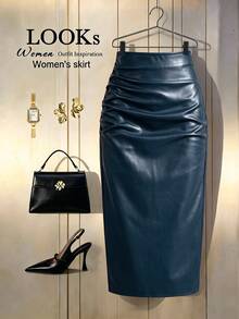GlowEve CURVE Women's Fashion Elegant Elastic Waist Hidden Zipper Ruched Bodycon Slit Skirt, Suitable For Daily Commute, Dating And Party Wear Fall - Navy Blue - View 3