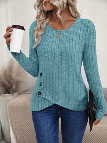 EMERY ROSE Camiseta informal de manga larga y cuello redondo, de un solo color, con bajo asimétrico acanalado, para primavera y verano - Azul - Ver 4