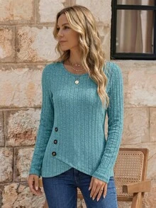 EMERY ROSE Camiseta informal de manga larga y cuello redondo, de un solo color, con bajo asimétrico acanalado, para primavera y verano - Azul - Ver 3