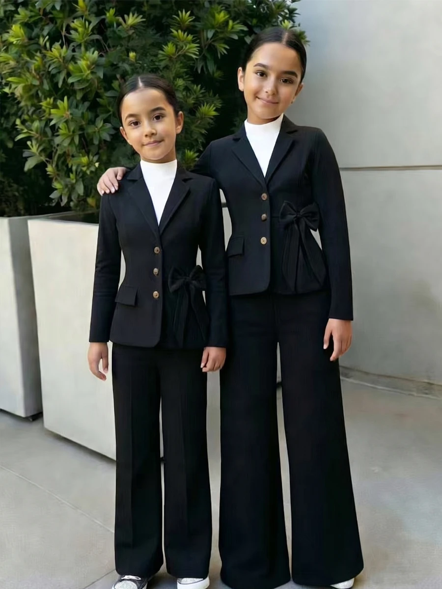 SHEIN Tween Girls Fall Outfits 2pcs/Set Autumn Black Formal Blazer Set,Stylish Single-Breasted Suit With Bow Decoration Wide-Leg Pants School Cheer 80s