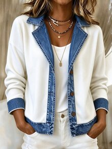 SHEIN Women's New Autumn/Winter Ribbed Patchwork Fitted Button Casual Formal Elegant Party Gathering Holiday Office Western Country Style Short Jacket - White - View 3