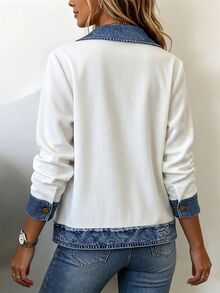 SHEIN Women's New Autumn/Winter Ribbed Patchwork Fitted Button Casual Formal Elegant Party Gathering Holiday Office Western Country Style Short Jacket - White - View 2