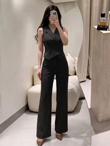 Seusyu 女款春夏時尚通勤黑白直條紋西裝背心寬腿褲套裝，翻領無袖雙排扣幹練職場穿搭 - 黑色 - 查看 1