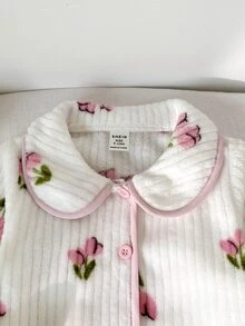 SHEIN 2件組女嬰櫻桃印花長袖上衣與長褲睡衣套裝，白色與粉色可愛居家服，適合秋冬/冬季夜晚，幼兒柔軟舒適禮物 - 淺粉色 - 查看 4