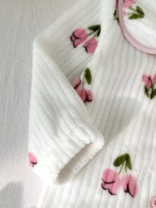 SHEIN 2件組女嬰櫻桃印花長袖上衣與長褲睡衣套裝，白色與粉色可愛居家服，適合秋冬/冬季夜晚，幼兒柔軟舒適禮物 - 淺粉色 - 查看 5