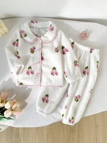 SHEIN 2件組女嬰櫻桃印花長袖上衣與長褲睡衣套裝，白色與粉色可愛居家服，適合秋冬/冬季夜晚，幼兒柔軟舒適禮物 - 淺粉色 - 查看 9