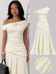 SHEIN Girlism Teen Girls Lace Trim Ruched Shoulder Elegant Long Dress, Suitable For Commute And Formal Occasions,Double-Sided, Bow, Polka Dot Double-Sided - Apricot - View 4