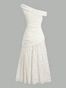 SHEIN Girlism Teen Girls Lace Trim Ruched Shoulder Elegant Long Dress, Suitable For Commute And Formal Occasions,Double-Sided, Bow, Polka Dot Double-Sided - Apricot - View 2