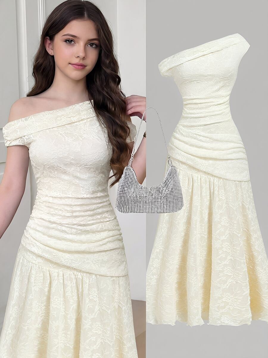 SHEIN Girlism Teen Girls Lace Trim Ruched Shoulder Elegant Long Dress, Suitable For Commute And Formal Occasions,Double-Sided, Bow, Polka Dot Double-Sided - Apricot - View 1