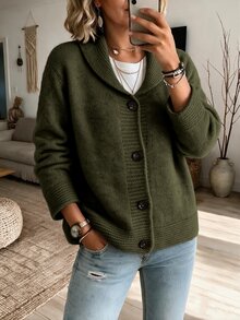 Elouméa 女款慵懶復古針織開襟外套，寬鬆版型，鈕扣設計，卡其色，休閒秋冬服飾，鄉村風外套，節慶現代 2026 優雅款 - 軍綠色 - 查看 4