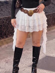 SHEIN ICON Plus Size Lady White Lace Ruffle Hem Mini Skirt With Shorts,Boho Cowboy Business Casual Summer Holiday Vacation Style For Music Festivals,Concert - White - View 3