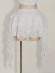 SHEIN ICON Plus Size Lady White Lace Ruffle Hem Mini Skirt With Shorts,Boho Cowboy Business Casual Summer Holiday Vacation Style For Music Festivals,Concert - White - View 11