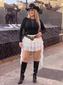 SHEIN ICON Plus Size Lady White Lace Ruffle Hem Mini Skirt With Shorts,Boho Cowboy Business Casual Summer Holiday Vacation Style For Music Festivals,Concert - White - View 10