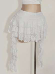 SHEIN ICON Plus Size Lady White Lace Ruffle Hem Mini Skirt With Shorts,Boho Cowboy Business Casual Summer Holiday Vacation Style For Music Festivals,Concert - White - View 8