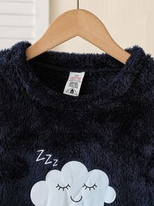 Tween Girls Fashionable Cute Cloud Expression Print Pattern Comfortable Flannel Fabric Long Sleeve Long Pants Loungewear Autumn Winter - Navy Blue - View 10