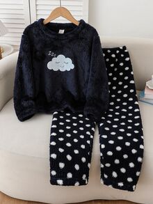 Tween Girls Fashionable Cute Cloud Expression Print Pattern Comfortable Flannel Fabric Long Sleeve Long Pants Loungewear Autumn Winter - Navy Blue - View 3
