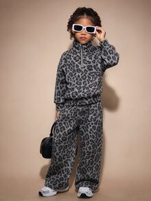 SHEIN 女童與幼兒 2 件式運動套裝，櫻桃感溫布料，包含半拉鍊立領上衣與寬鬆長褲，幼兒園秋季款 - 彩色 - 查看 3