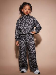 SHEIN 女童與幼兒 2 件式運動套裝，櫻桃感溫布料，包含半拉鍊立領上衣與寬鬆長褲，幼兒園秋季款 - 彩色 - 查看 4