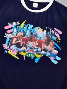 FRIENDS X SHEIN 大码复古休闲时尚图案撞色装饰夏季连衣裙，海军蓝 - 藍色 - 查看 4