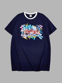 FRIENDS X SHEIN 大码复古休闲时尚图案撞色装饰夏季连衣裙，海军蓝 - 藍色 - 查看 3