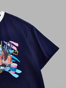 FRIENDS X SHEIN 大码复古休闲时尚图案撞色装饰夏季连衣裙，海军蓝 - 藍色 - 查看 5
