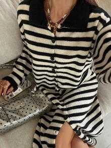 DAZY Women's Striped Colorblock Casual Daily Knit Dress - Black and White - View 8