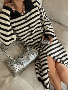 DAZY Women's Striped Colorblock Casual Daily Knit Dress - Black and White - View 3