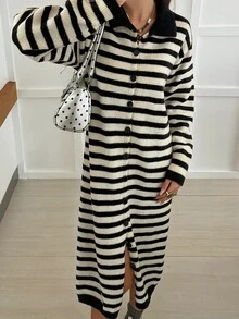 DAZY Women's Striped Colorblock Casual Daily Knit Dress - Black and White - View 4