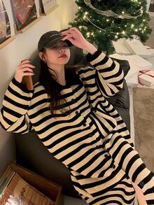 DAZY Women's Striped Colorblock Casual Daily Knit Dress - Black and White - View 1