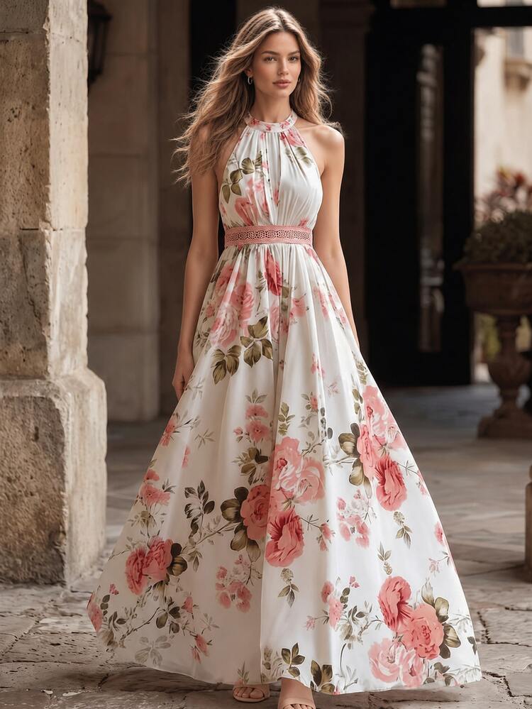 Balvessa Women's Summer New Floral Print Ruffle Waist Vacation Dress, Pink - Pink - View 2