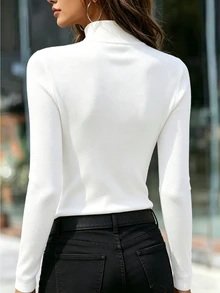 SHEIN LUNE Áo thun nữ tay dài phong cách tối giản đa năng cho văn phòng và đi làm - trắng - Xem 4