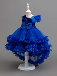 Glamorique Kids 皇家藍冬季花童婚禮小女孩婚禮聖誕禮服，派對穿著，鋼琴演奏表演，薄紗蝴蝶結露背荷葉邊設計，聖誕節 - 藍色 - 查看 5