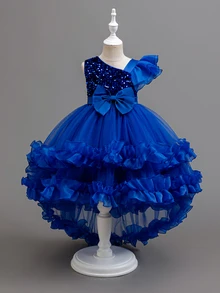 Glamorique Kids 皇家藍冬季花童婚禮小女孩婚禮聖誕禮服，派對穿著，鋼琴演奏表演，薄紗蝴蝶結露背荷葉邊設計，聖誕節 - 藍色 - 查看 3