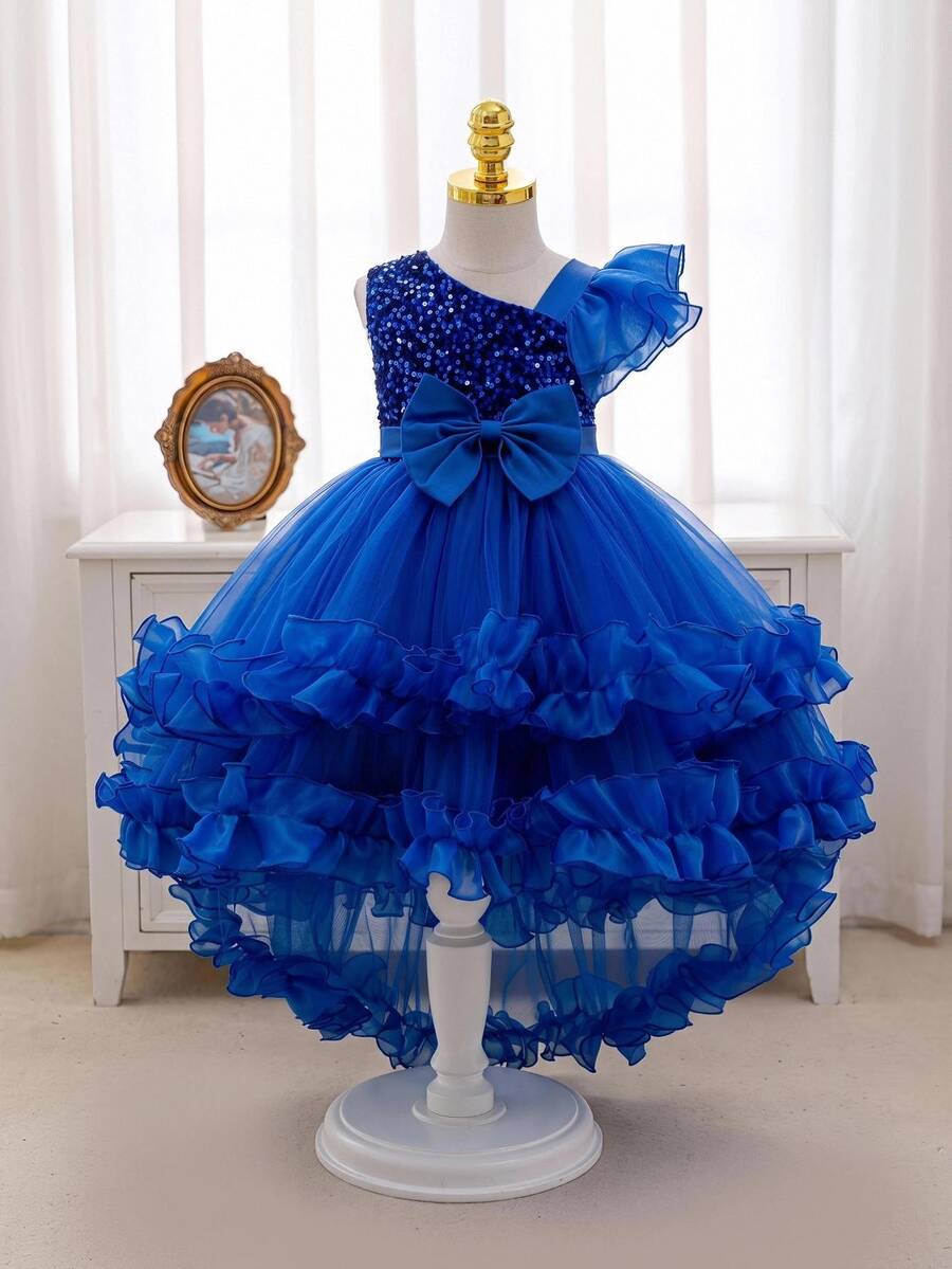 Glamorique Kids 皇家藍冬季花童婚禮小女孩婚禮聖誕禮服，派對穿著，鋼琴演奏表演，薄紗蝴蝶結露背荷葉邊設計，聖誕節