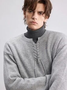 Manfinity CasualKnits 男士圓領慵懶長袖套頭毛衣，休閒針織秋冬服飾，灰色寬鬆時尚通勤穿搭，百搭綁帶設計套頭毛衣 - 灰色 - 查看 5