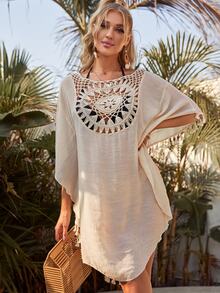 SHEIN Swim Summer Beach Crochet Panel Fringe Decorated Cover Up Dress Wedding - Apricot - View 4