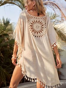 SHEIN Swim Summer Beach Crochet Panel Fringe Decorated Cover Up Dress Wedding - Apricot - View 2