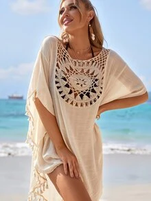 SHEIN Swim Summer Beach Crochet Panel Fringe Decorated Cover Up Dress Wedding - Apricot - View 8
