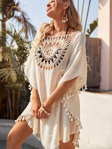 SHEIN Swim Summer Beach Crochet Panel Fringe Decorated Cover Up Dress Wedding - Apricot - View 6