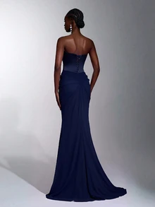 Elitara Elegant Luxurious Fashion Satin Chiffon Handmade Applique Strapless 2 In 1 Oversized Skirt Train Women's Formal Evening Gown - Navy Blue - View 2